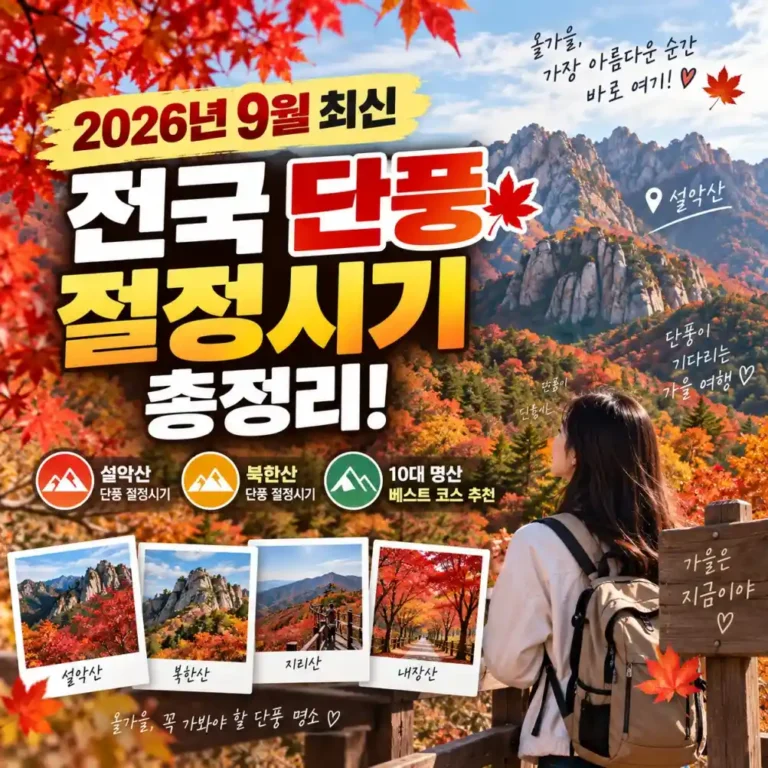 2026년 9월 최신 전국 단풍 절정시기 총정리! 설악산·북한산 10대 명산 베스트 코스 완벽 가이드